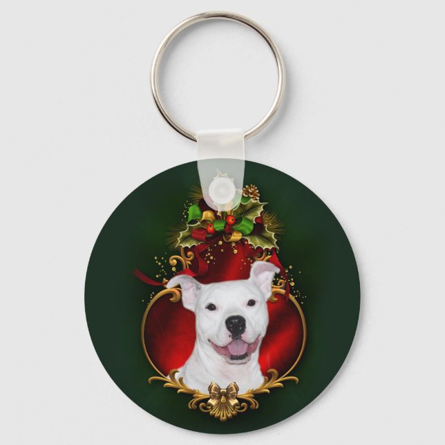 White pitbull Christmas Keychain (Front)