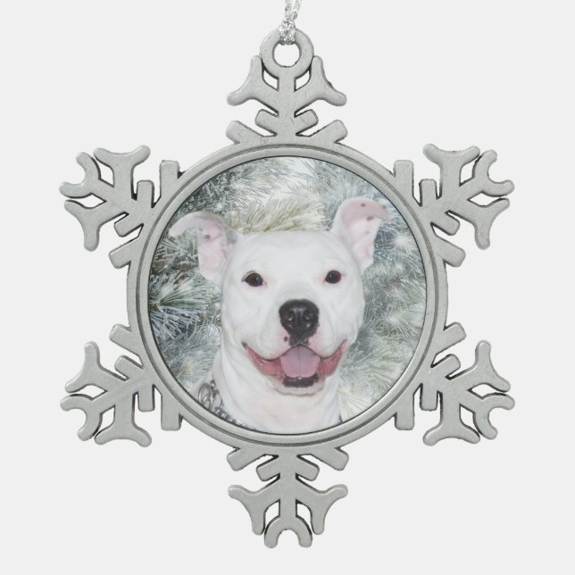 White pitbull Christmas Snowflake Pewter Christmas Ornament (Front)