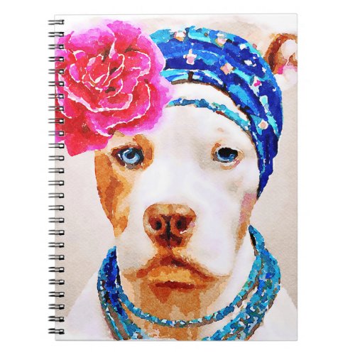White Pitbull Dog Pink Rose Flower Necklace Notebo Notebook