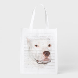 White pitbull terrier face grocery bag