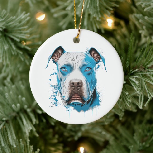 White Pitbull with Blue Eyes Ceramic Ornament (Tree)
