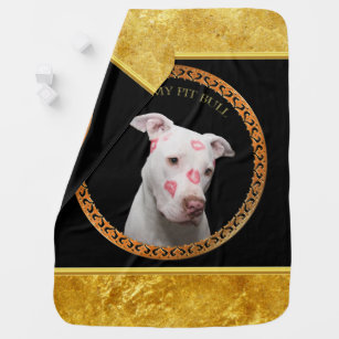 White pitbull with red kisses all over his face. baby blanket