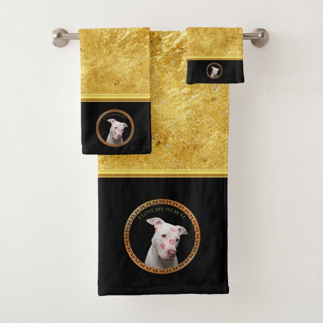 White pitbull with red kisses all over his face. bath towel set (Insitu)