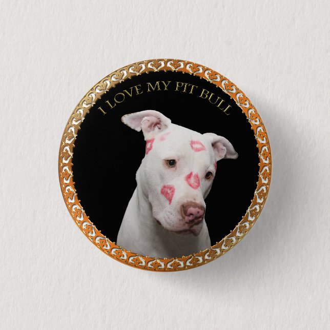 White pitbull with red kisses all over his face. button (Front)