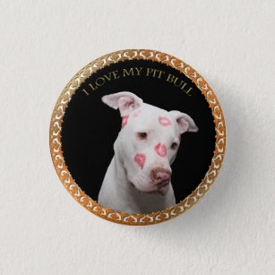 White pitbull with red kisses all over his face. button
