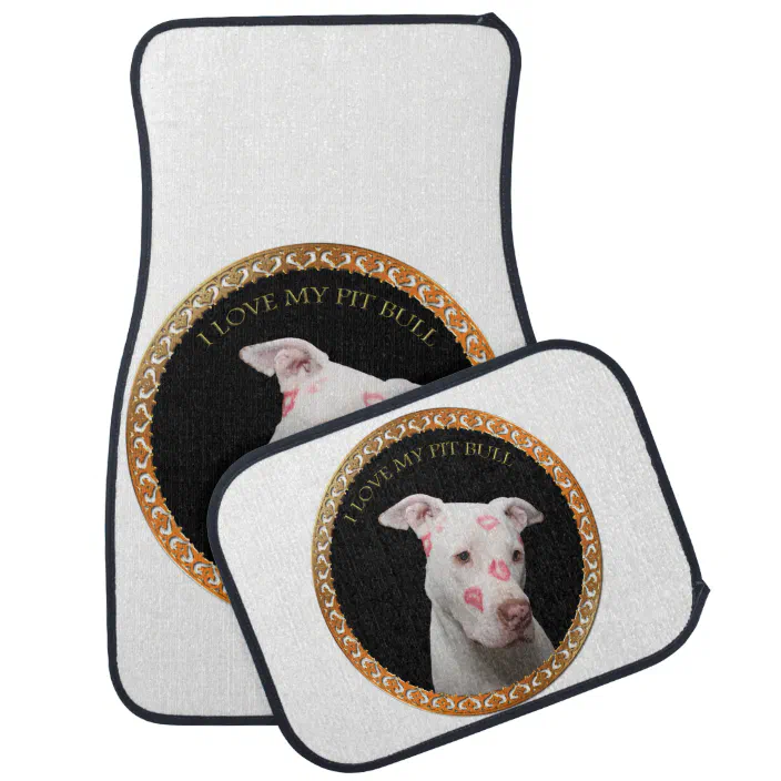 White pitbull with red kisses all over his face. car floor mat | Zazzle.com