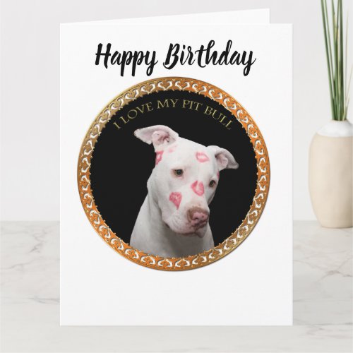 White pitbull with red kisses all over his face card