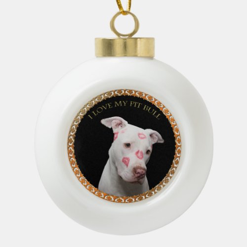 White pitbull with red kisses all over his face ceramic ball christmas ornament
