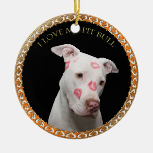 White pitbull with red kisses all over his face. ceramic ornament