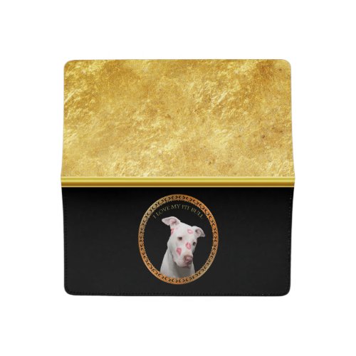 White pitbull with red kisses all over his face checkbook cover