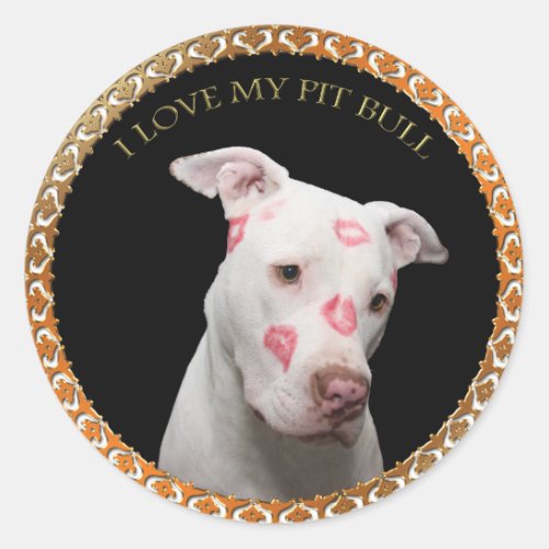 White pitbull with red kisses all over his face classic round sticker