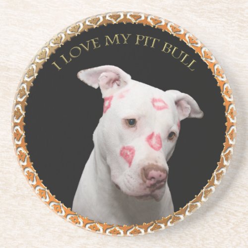 White pitbull with red kisses all over his face coaster