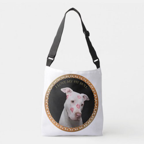 White pitbull with red kisses all over his face crossbody bag