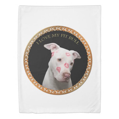 White pitbull with red kisses all over his face duvet cover