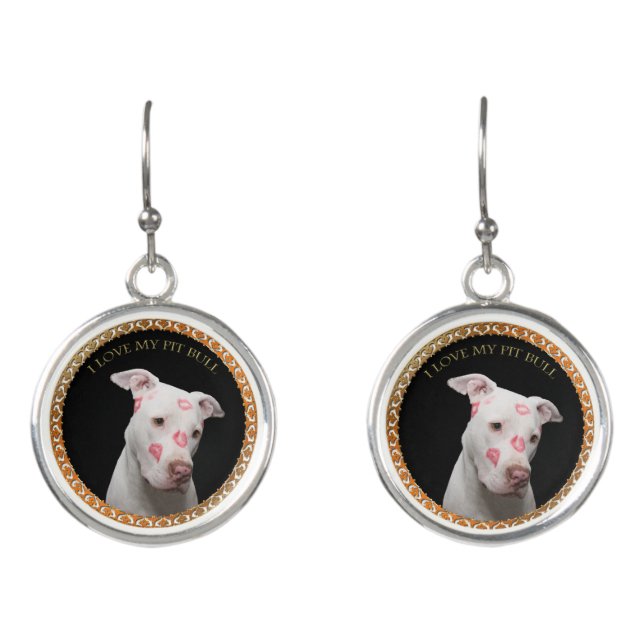 White pitbull with red kisses all over his face. earrings (Front)