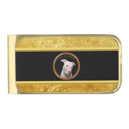 White pitbull with red kisses all over his face gold finish money clip