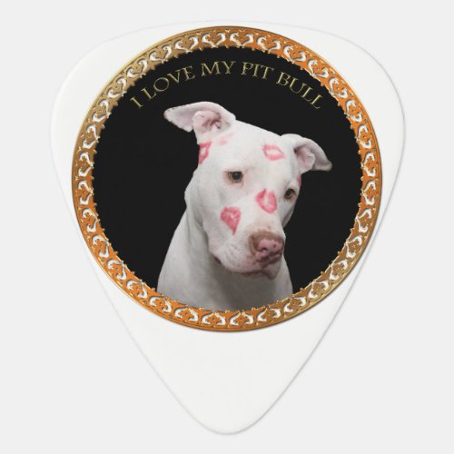 White pitbull with red kisses all over his face guitar pick