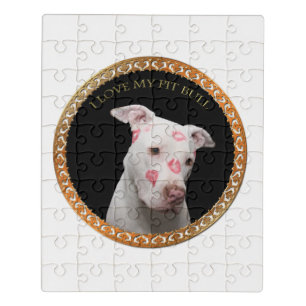 White pitbull with red kisses all over his face. jigsaw puzzle