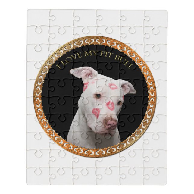 White pitbull with red kisses all over his face. jigsaw puzzle (Puzzle Vertical)