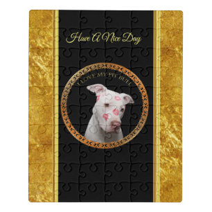 White pitbull with red kisses all over his face. jigsaw puzzle