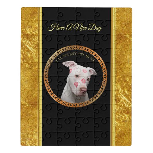 White pitbull with red kisses all over his face jigsaw puzzle