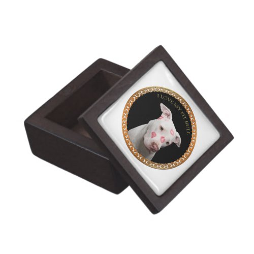 White pitbull with red kisses all over his face keepsake box