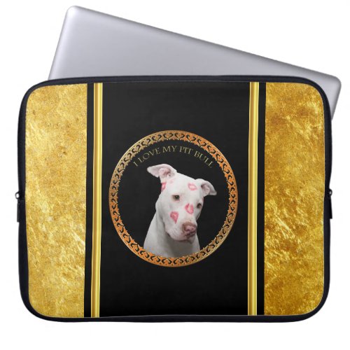 White pitbull with red kisses all over his face laptop sleeve