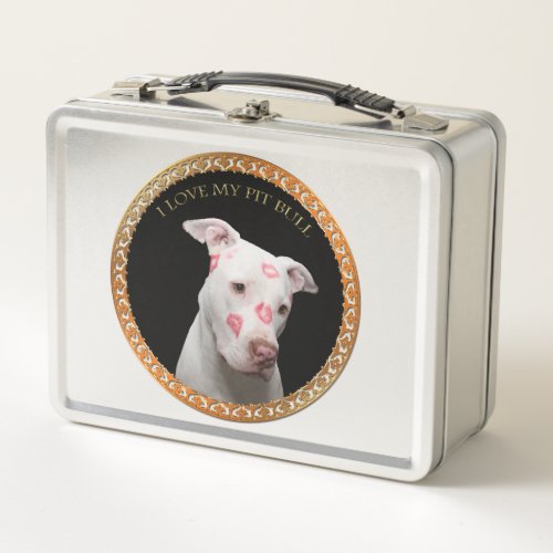 White pitbull with red kisses all over his face metal lunch box
