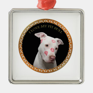 White pitbull with red kisses all over his face. metal ornament