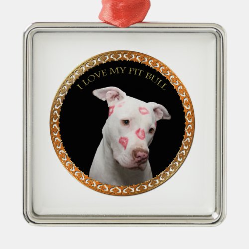 White pitbull with red kisses all over his face metal ornament