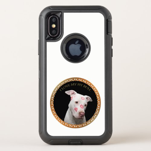 White pitbull with red kisses all over his face OtterBox defender iPhone x case
