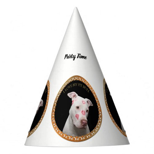White pitbull with red kisses all over his face party hat