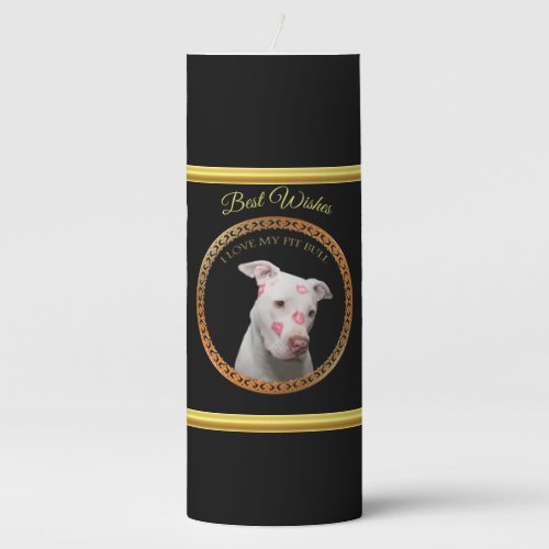 White pitbull with red kisses all over his face pillar candle