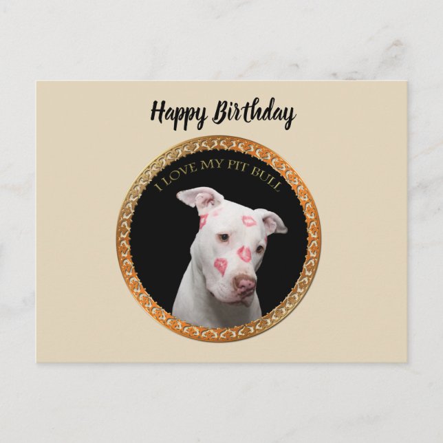 White pitbull with red kisses all over his face. postcard (Front)