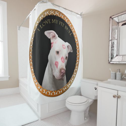 White pitbull with red kisses all over his face shower curtain