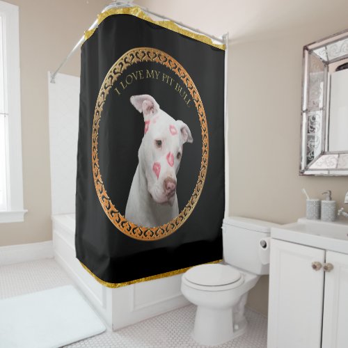White pitbull with red kisses all over his face shower curtain