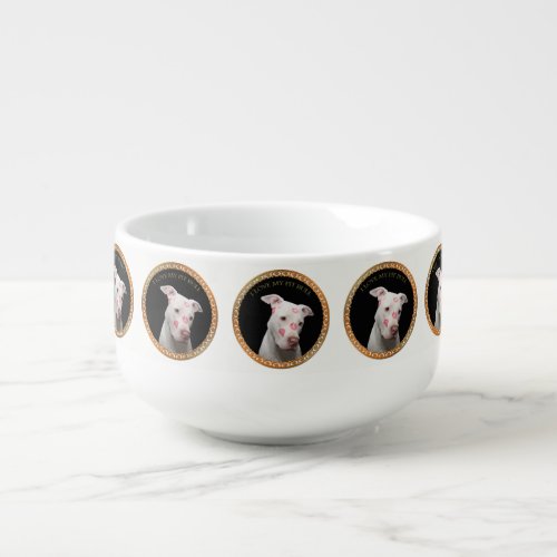 White pitbull with red kisses all over his face soup mug