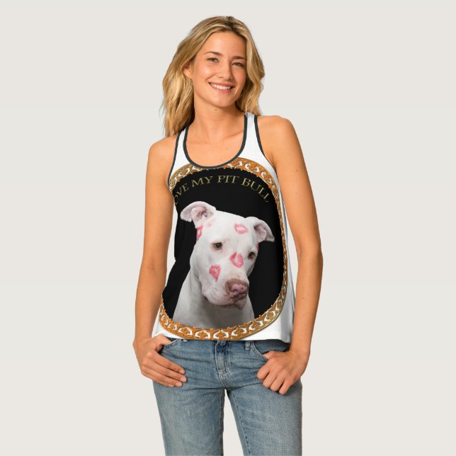 White pitbull with red kisses all over his face. tank top (Front Full)