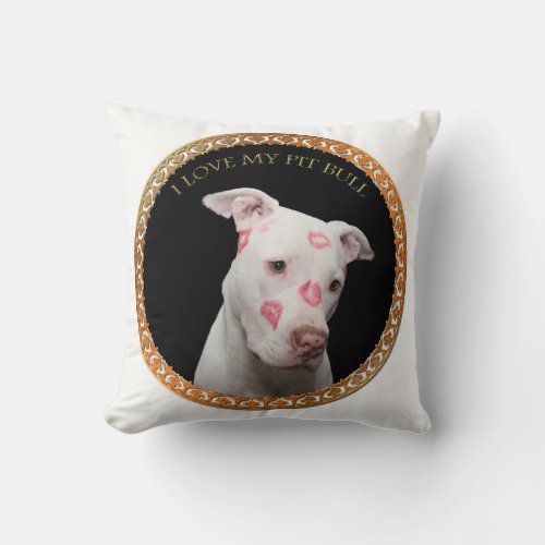 White pitbull with red kisses all over his face throw pillow