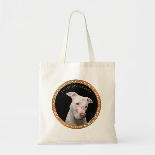 White pitbull with red kisses all over his face tote bag