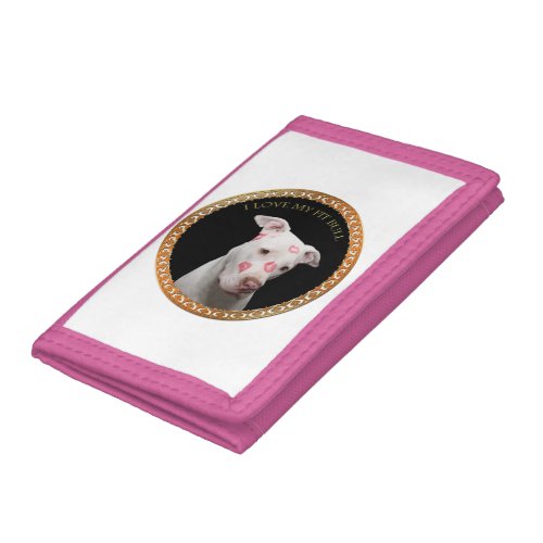 White pitbull with red kisses all over his face tri_fold wallet