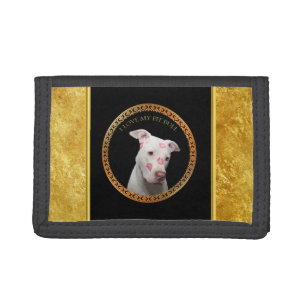 White pitbull with red kisses all over his face. tri-fold wallet