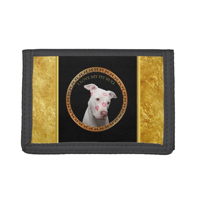 White pitbull with red kisses all over his face. trifold wallet (Front)