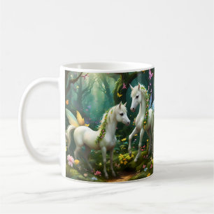 White Pixie Fantasy Horses In Magical Garden, Coffee Mug