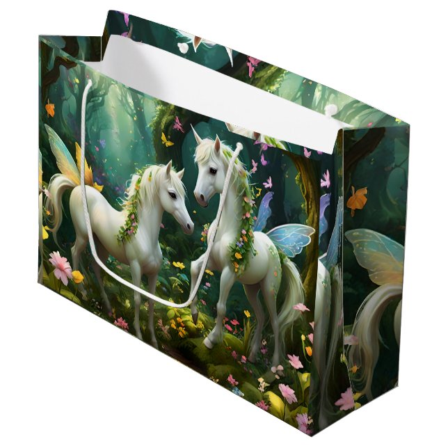 White Pixie Fantasy Horses In Magical Garden, Large Gift Bag (Front Angled)