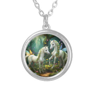 White Pixie Fantasy Horses In Magical Garden, Silver Plated Necklace