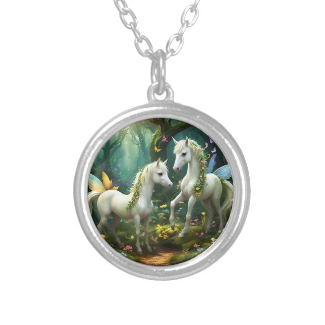 White Pixie Fantasy Horses In Magical Garden, Silver Plated Necklace (Front)