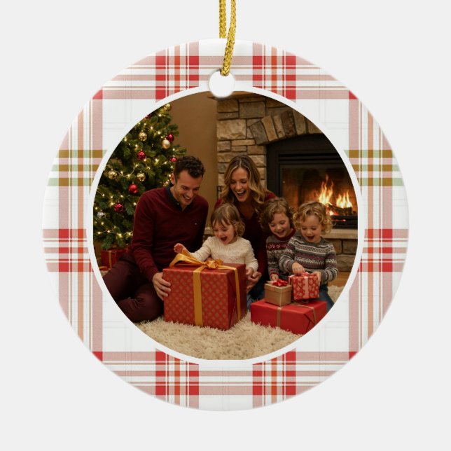 White Plaid Family Christmas Ceramic Ornament (Front)