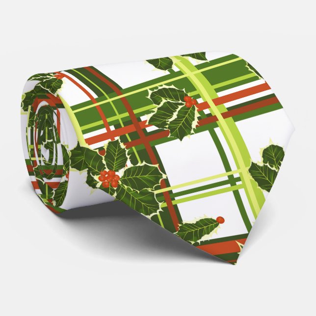 White Plaid Holly Berries Christmas Neck Tie (Rolled)