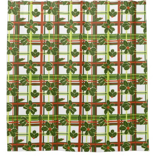 White Plaid Holly Berries Christmas Shower Curtain